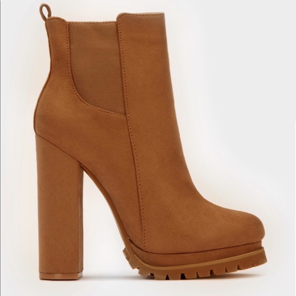 Tan Ankle High Chunky Heel Booties - Picture 3 of 5